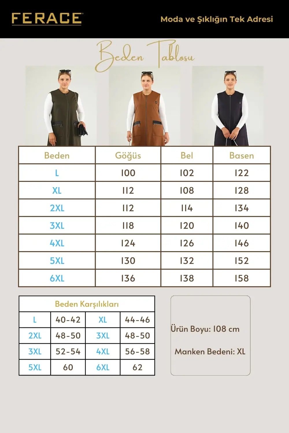 Kadin Buyuk Beden Uzun Yelek Deri Cepli Ottoman Haki