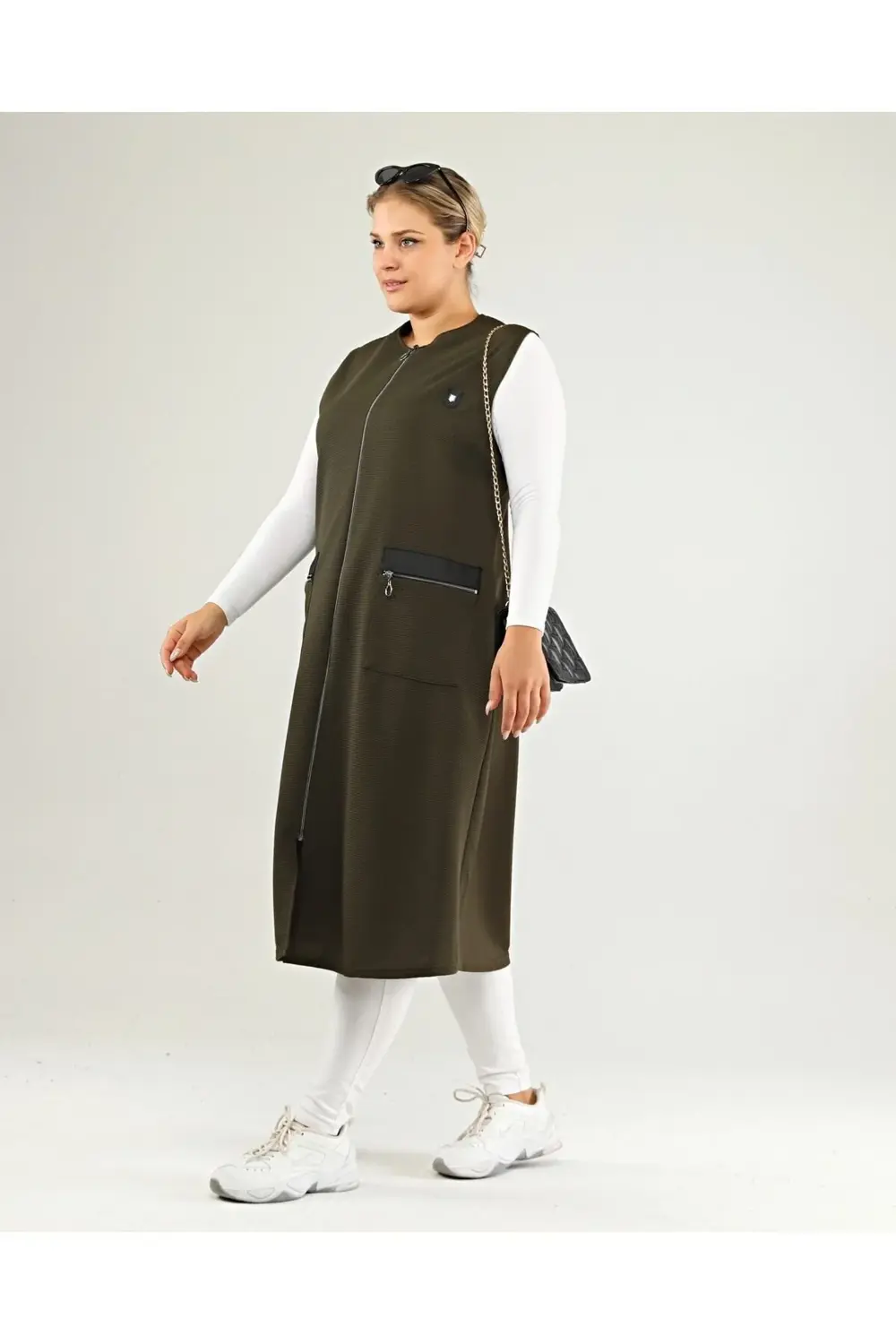 Kadin Buyuk Beden Uzun Yelek Deri Cepli Ottoman Haki