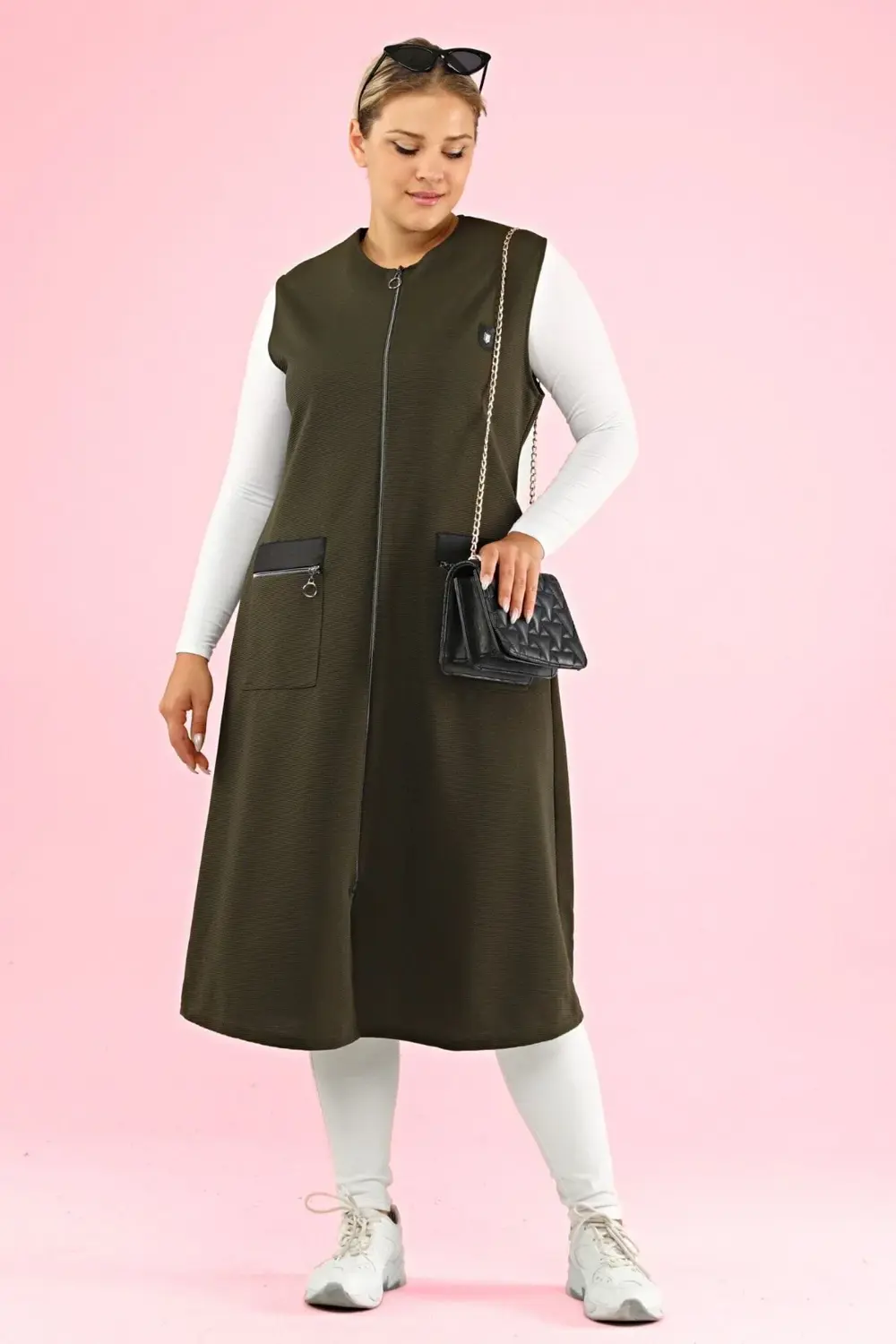 Kadin Buyuk Beden Uzun Yelek Deri Cepli Ottoman Haki