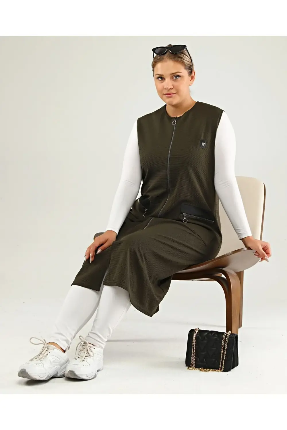 Kadin Buyuk Beden Uzun Yelek Deri Cepli Ottoman Haki