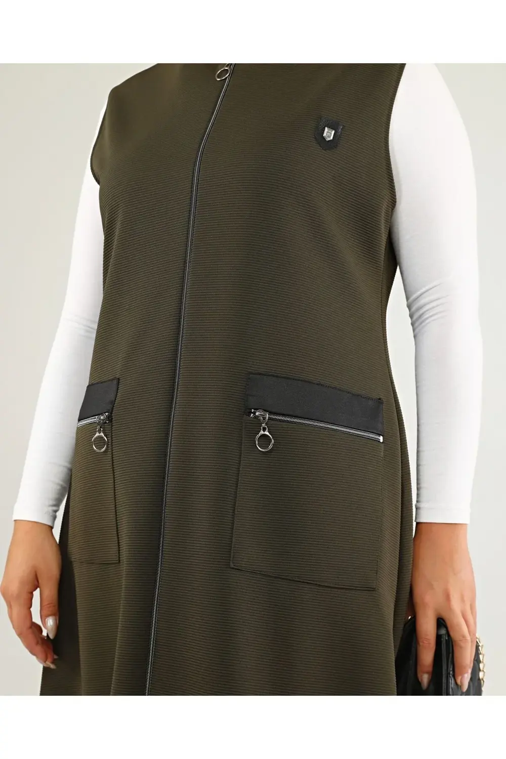 Kadin Buyuk Beden Uzun Yelek Deri Cepli Ottoman Haki