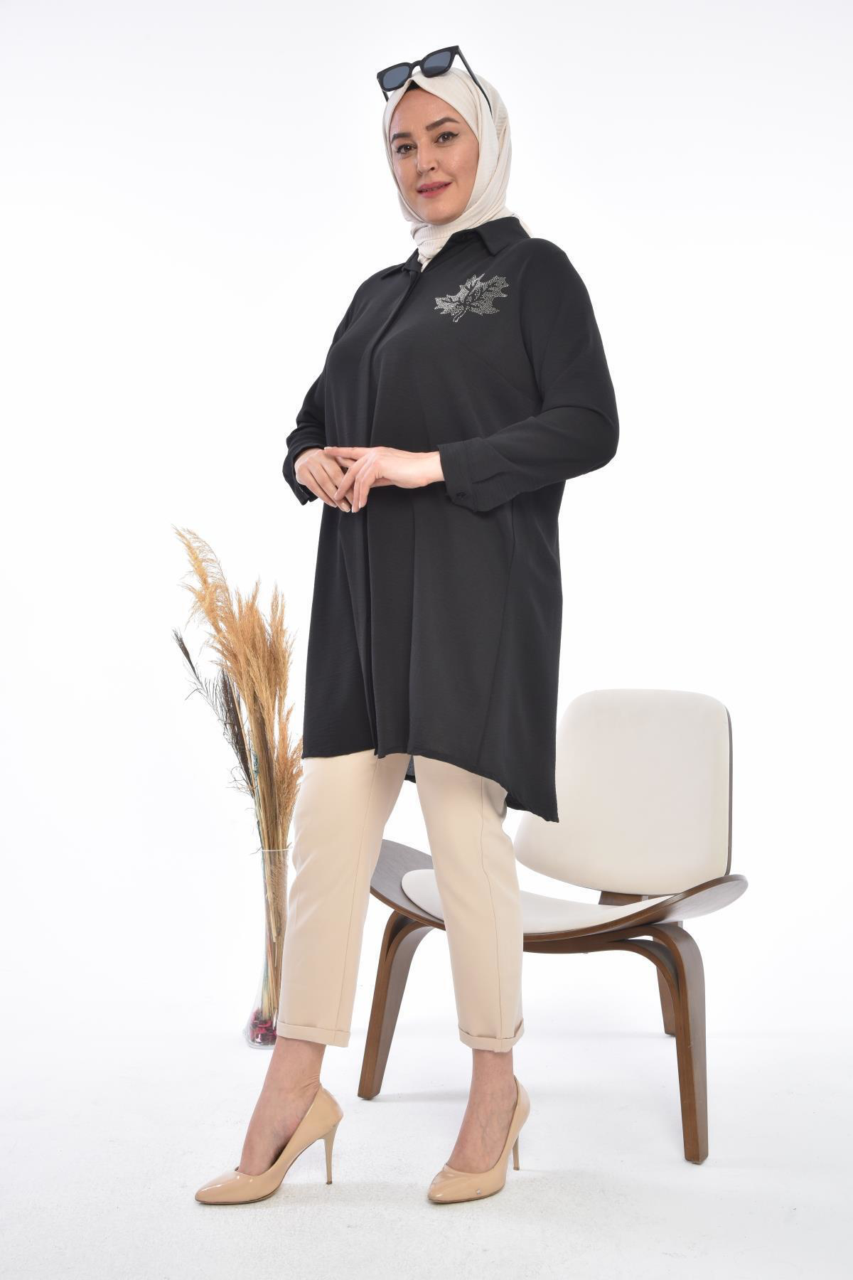 Ferace Kadın Büyük Beden Yaprak Baskılı Gömlek Tunik