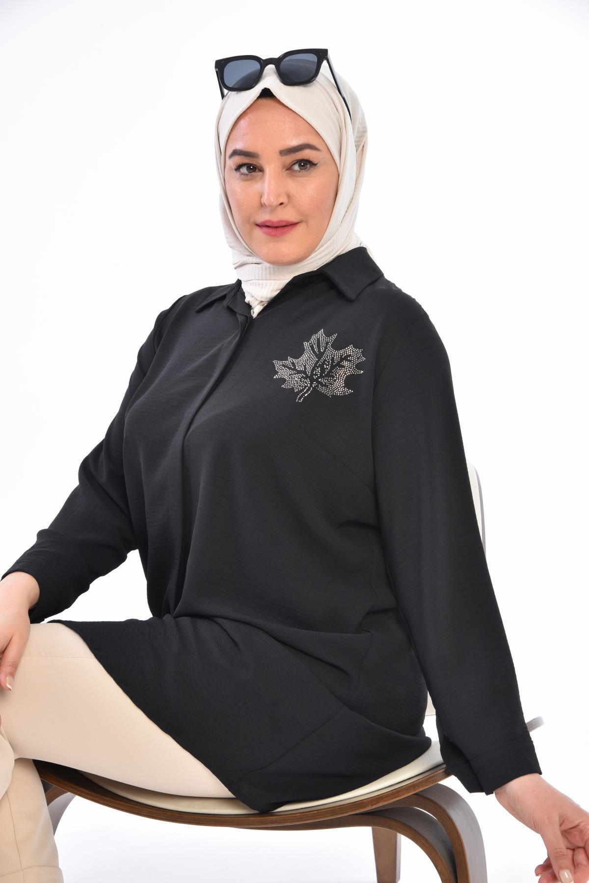 Ferace Kadın Büyük Beden Yaprak Baskılı Gömlek Tunik