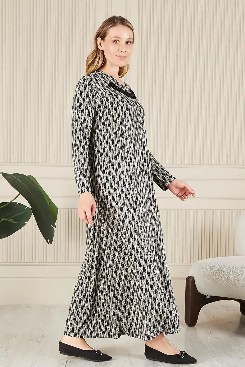 Kadın Buyuk Beden Yakası Taşlı Menekşe Elbise