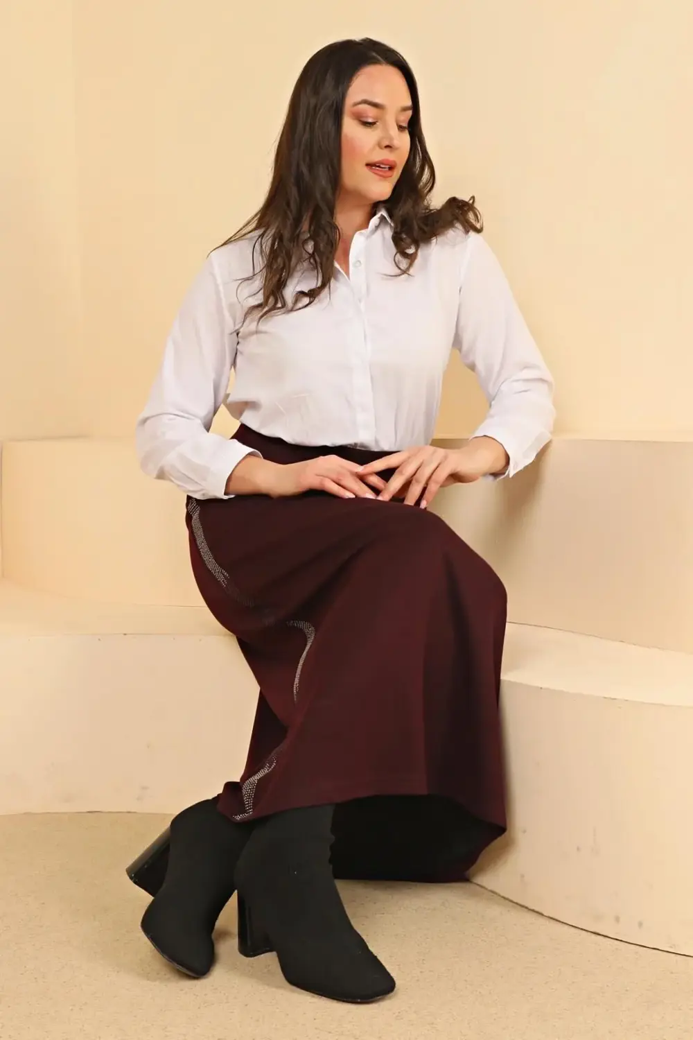 Kadın Büyük Beden Yanları Taşlı Kalem Anne Etek