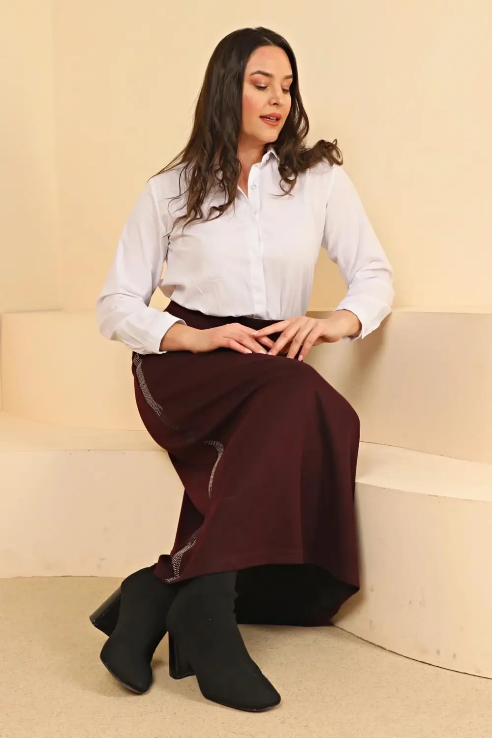 Kadın Büyük Beden Yanları Taşlı Kalem Anne Etek