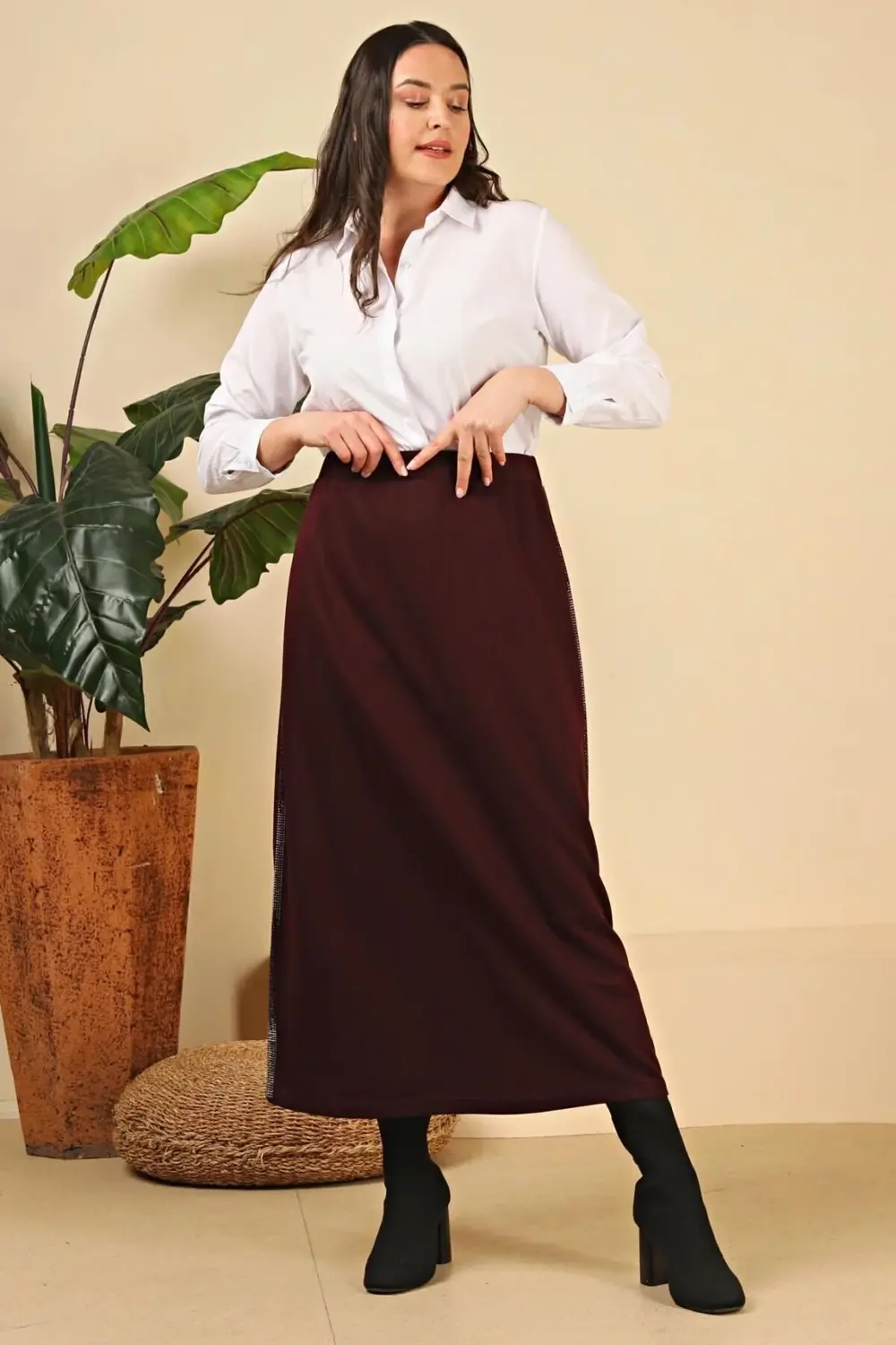 Kadın Büyük Beden Yanları Taşlı Kalem Anne Etek