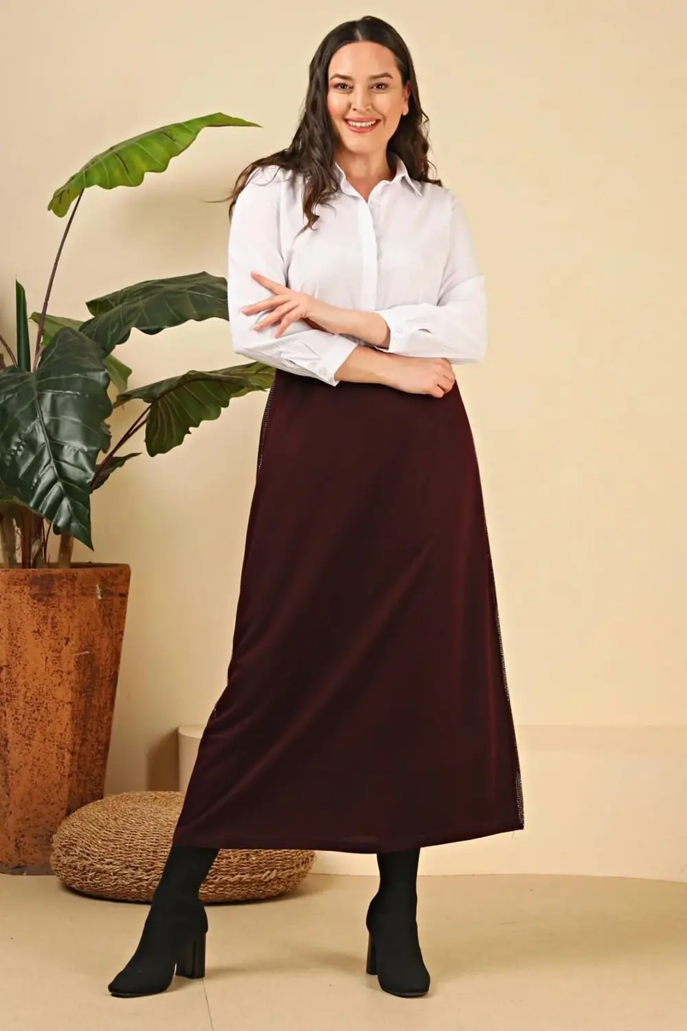 Kadın Büyük Beden Yanları Taşlı Kalem Anne Etek