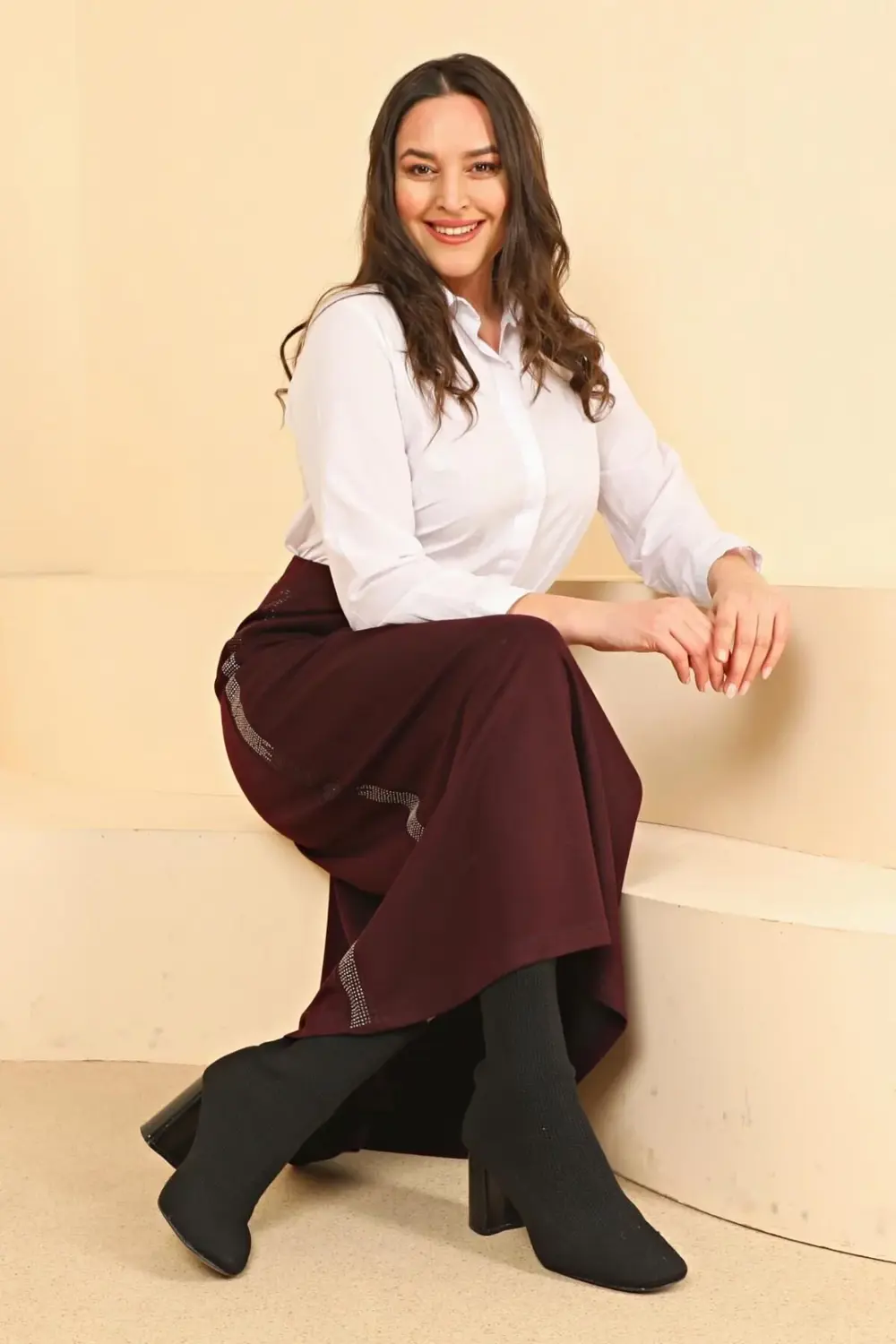 Kadın Büyük Beden Yanları Taşlı Kalem Anne Etek