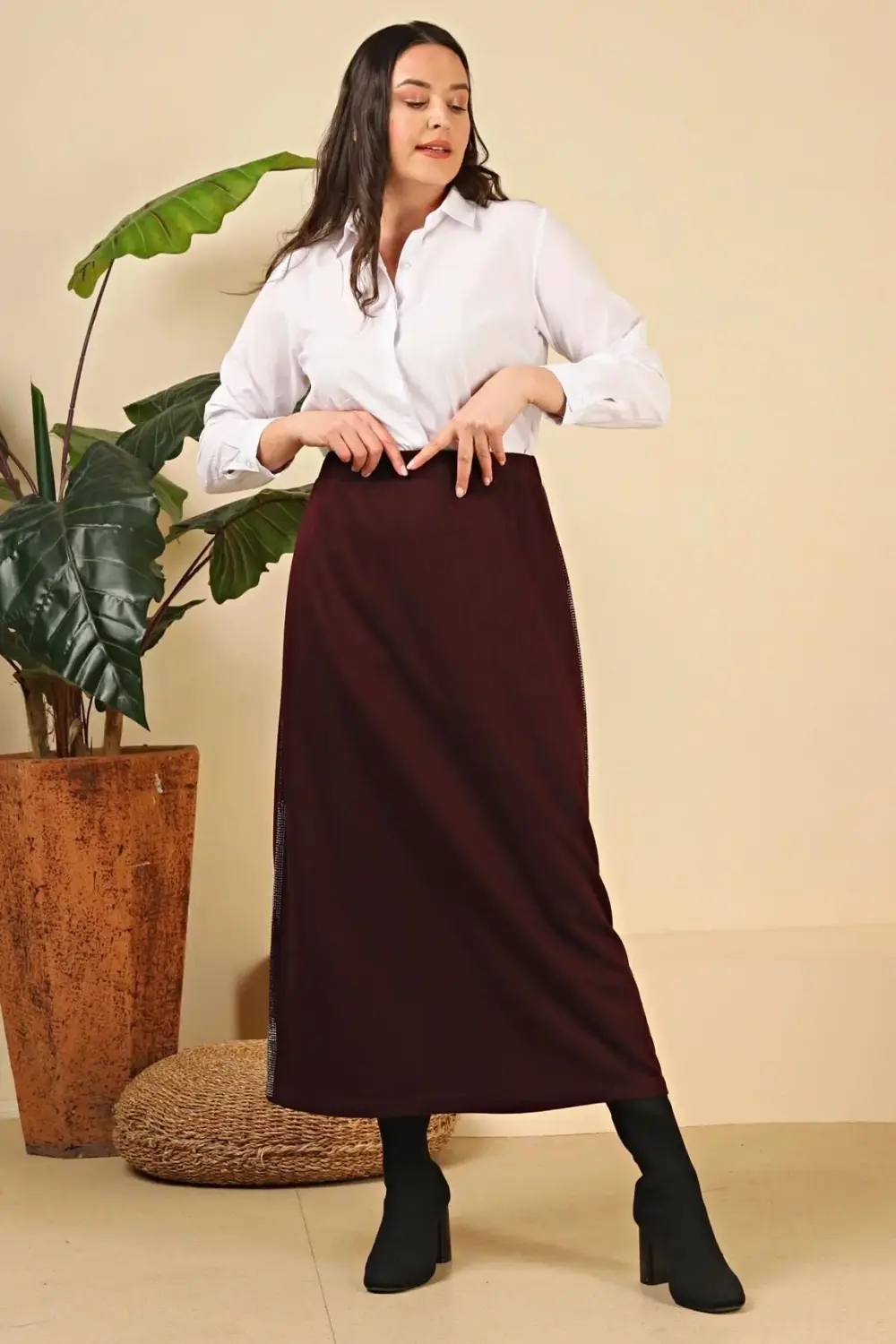 Kadın Büyük Beden Yanları Taşlı Kalem Anne Etek