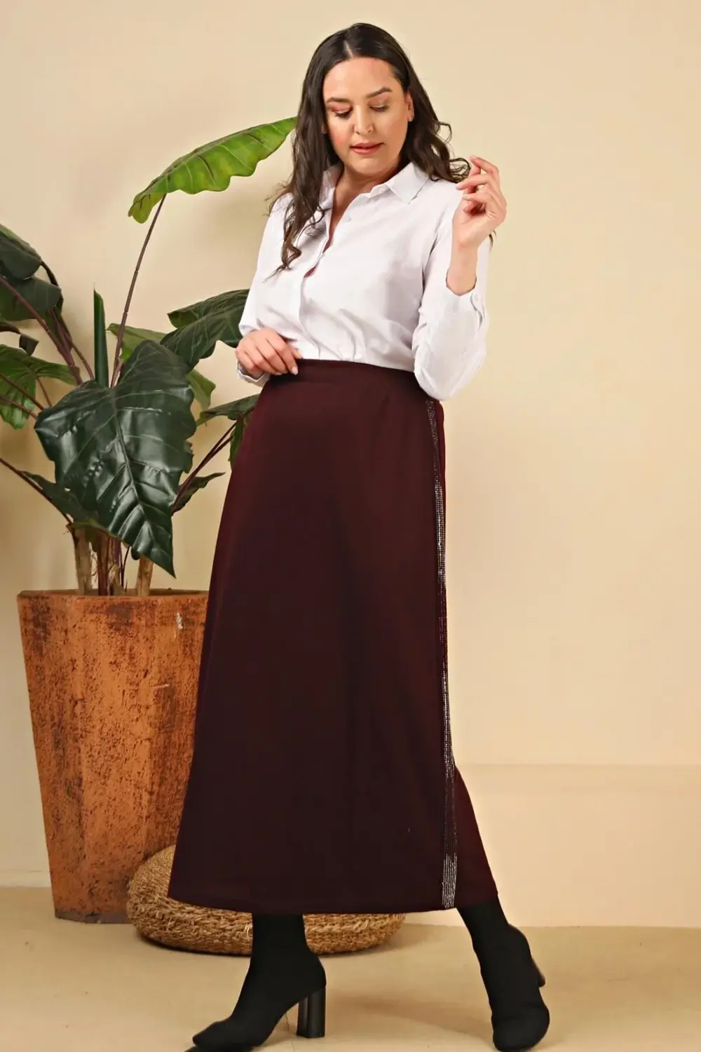 Kadın Büyük Beden Yanları Taşlı Kalem Anne Etek