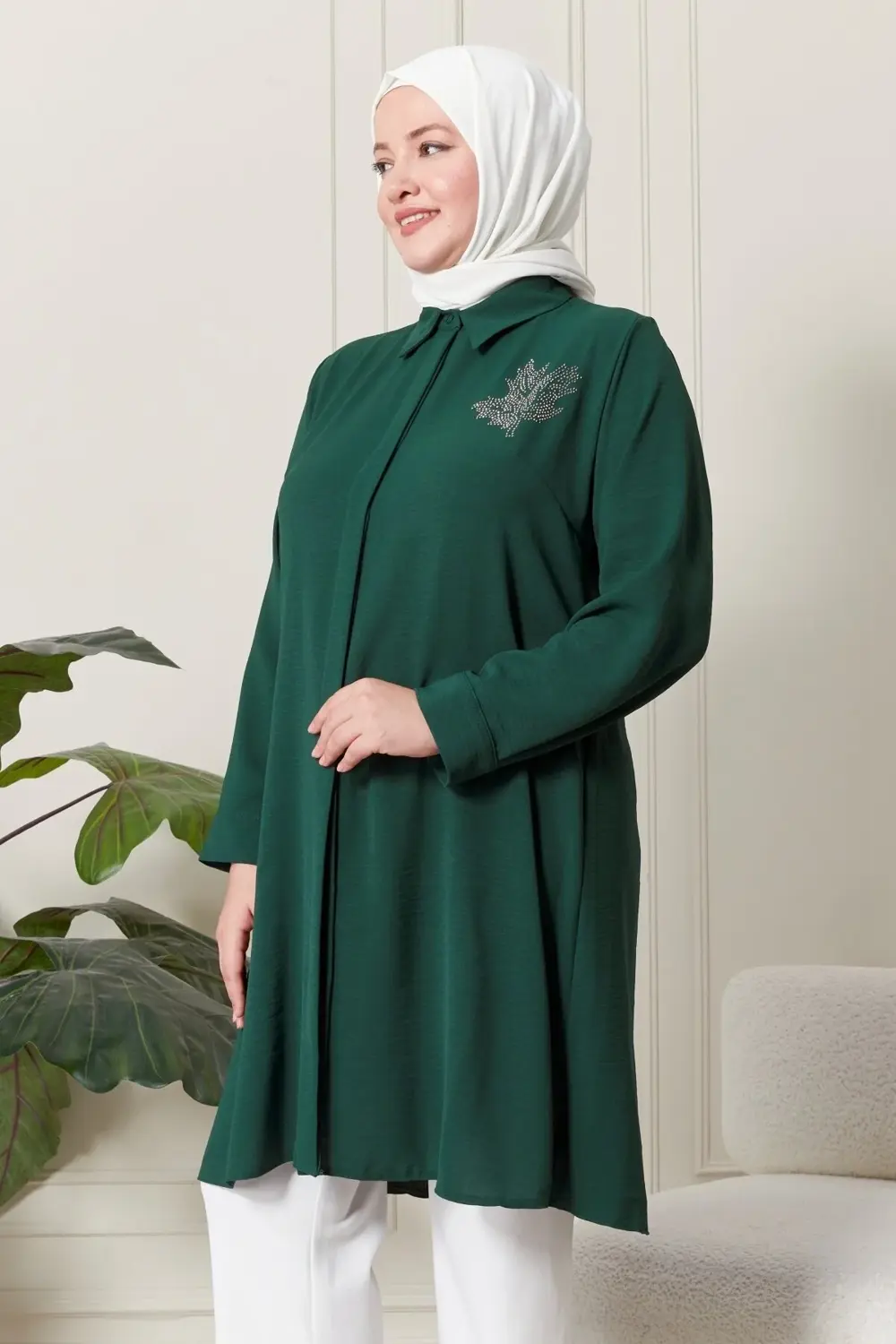 Kadın Büyük Beden Yaprak Baskılı Gömlek Tunik