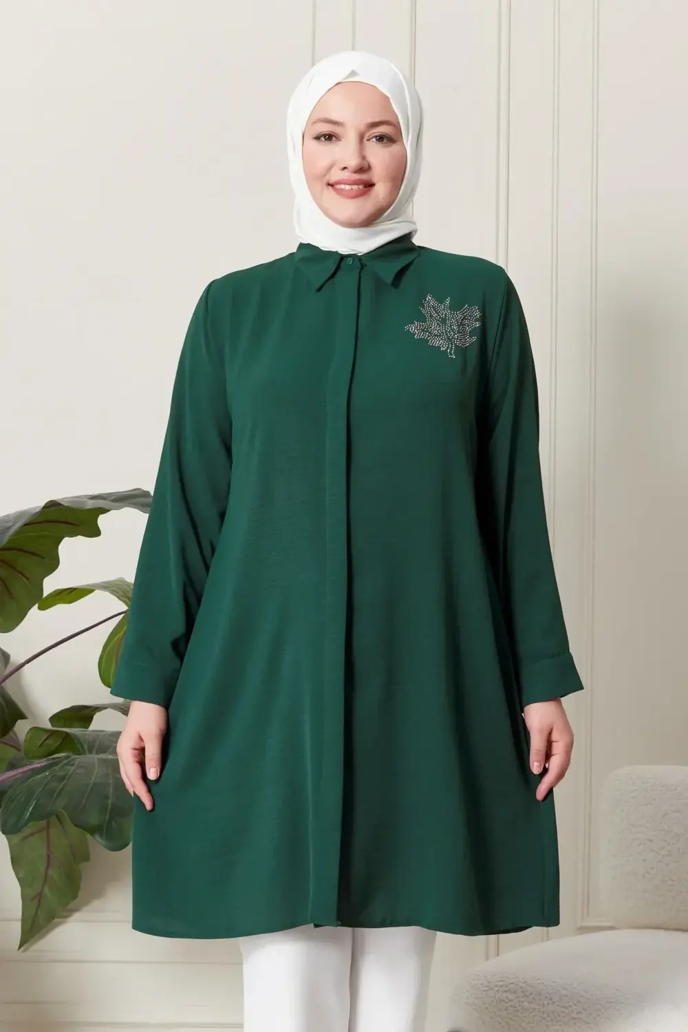 Kadın Büyük Beden Yaprak Baskılı Gömlek Tunik