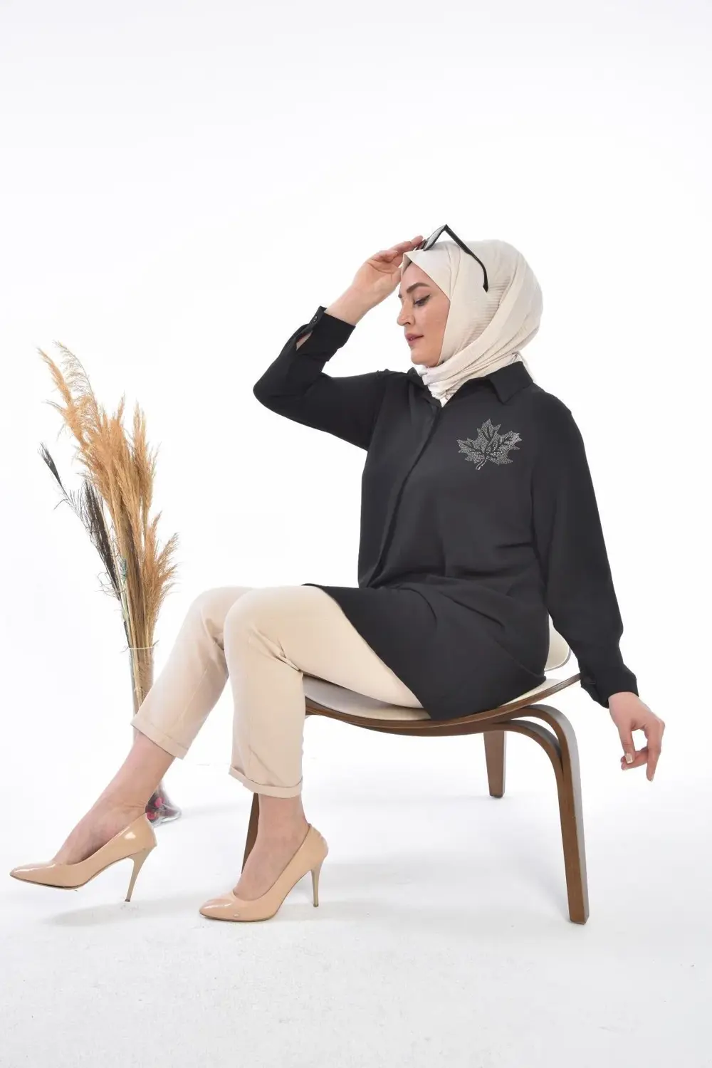 Kadın Büyük Beden Yaprak Baskılı Gömlek Tunik