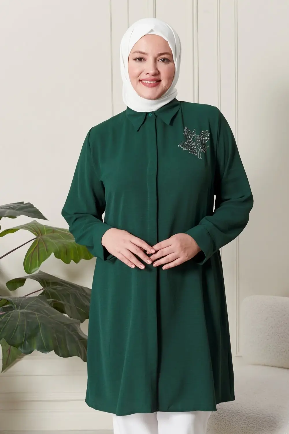 Kadın Büyük Beden Yaprak Baskılı Gömlek Tunik