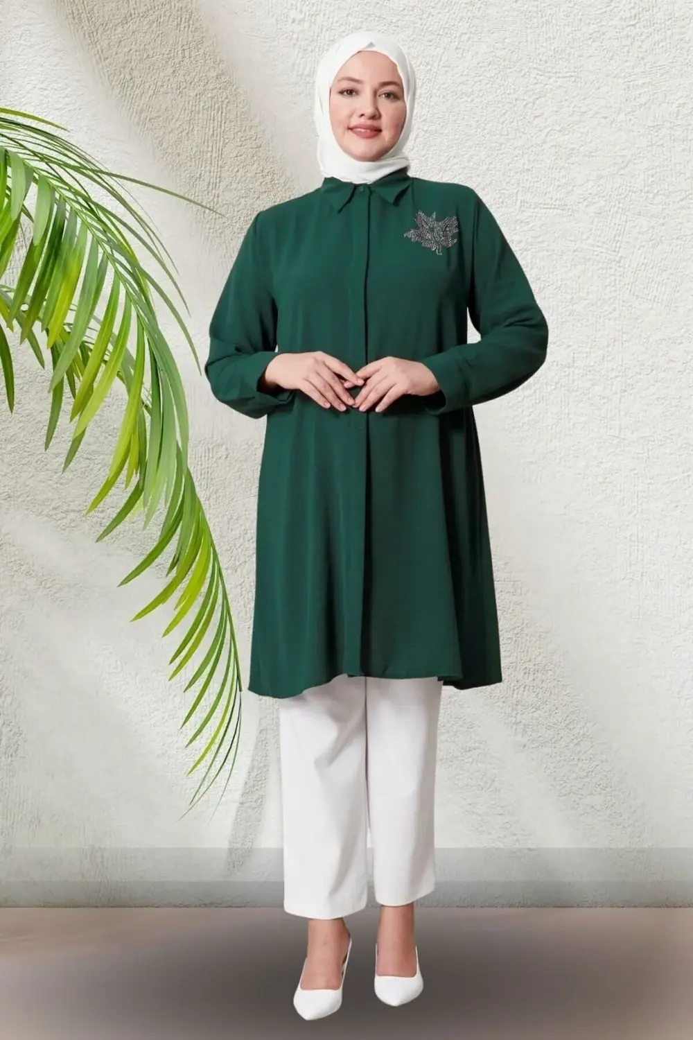 Kadın Büyük Beden Yaprak Baskılı Gömlek Tunik