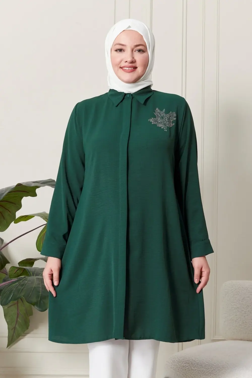 Kadın Büyük Beden Yaprak Baskılı Gömlek Tunik