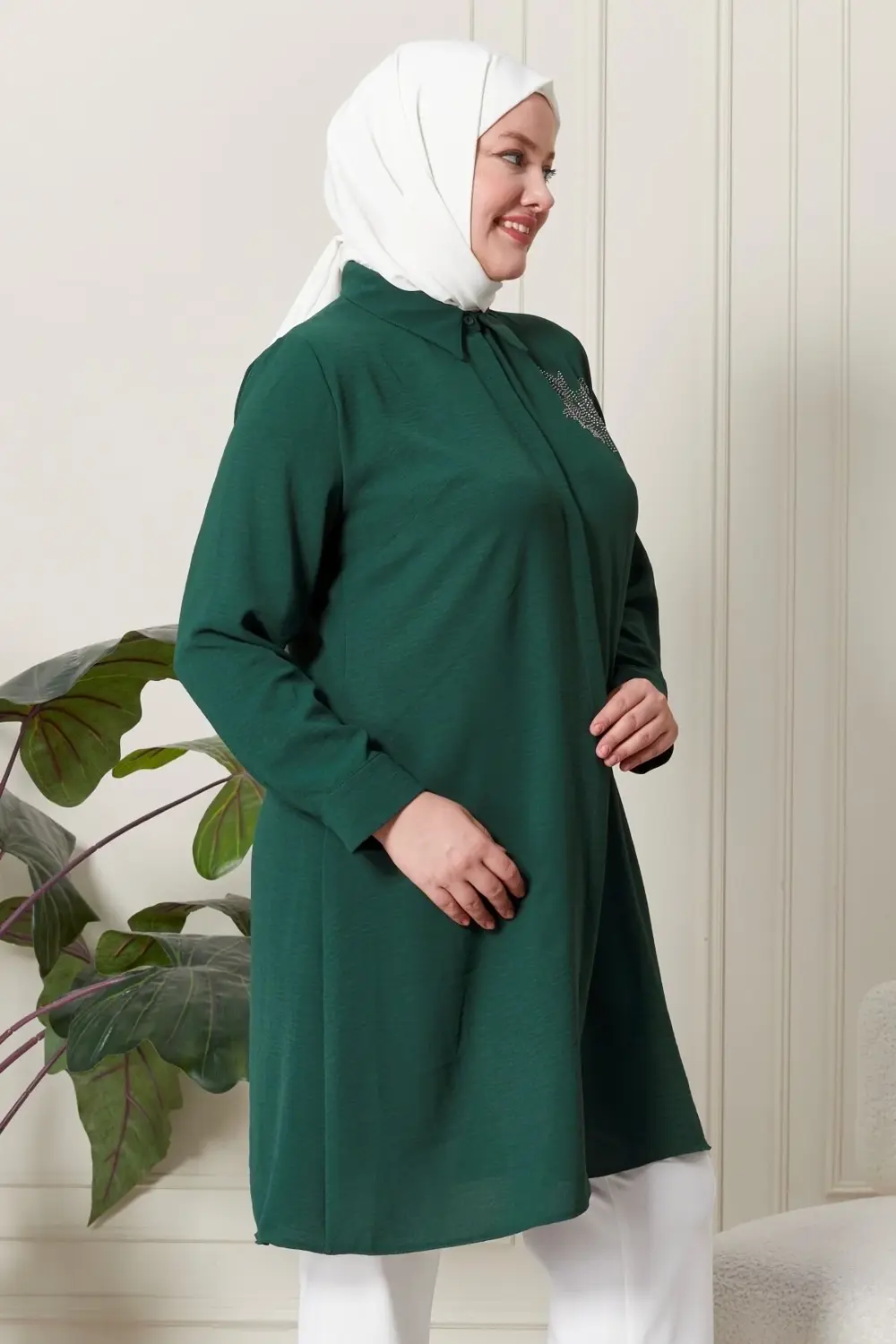 Kadın Büyük Beden Yaprak Baskılı Gömlek Tunik