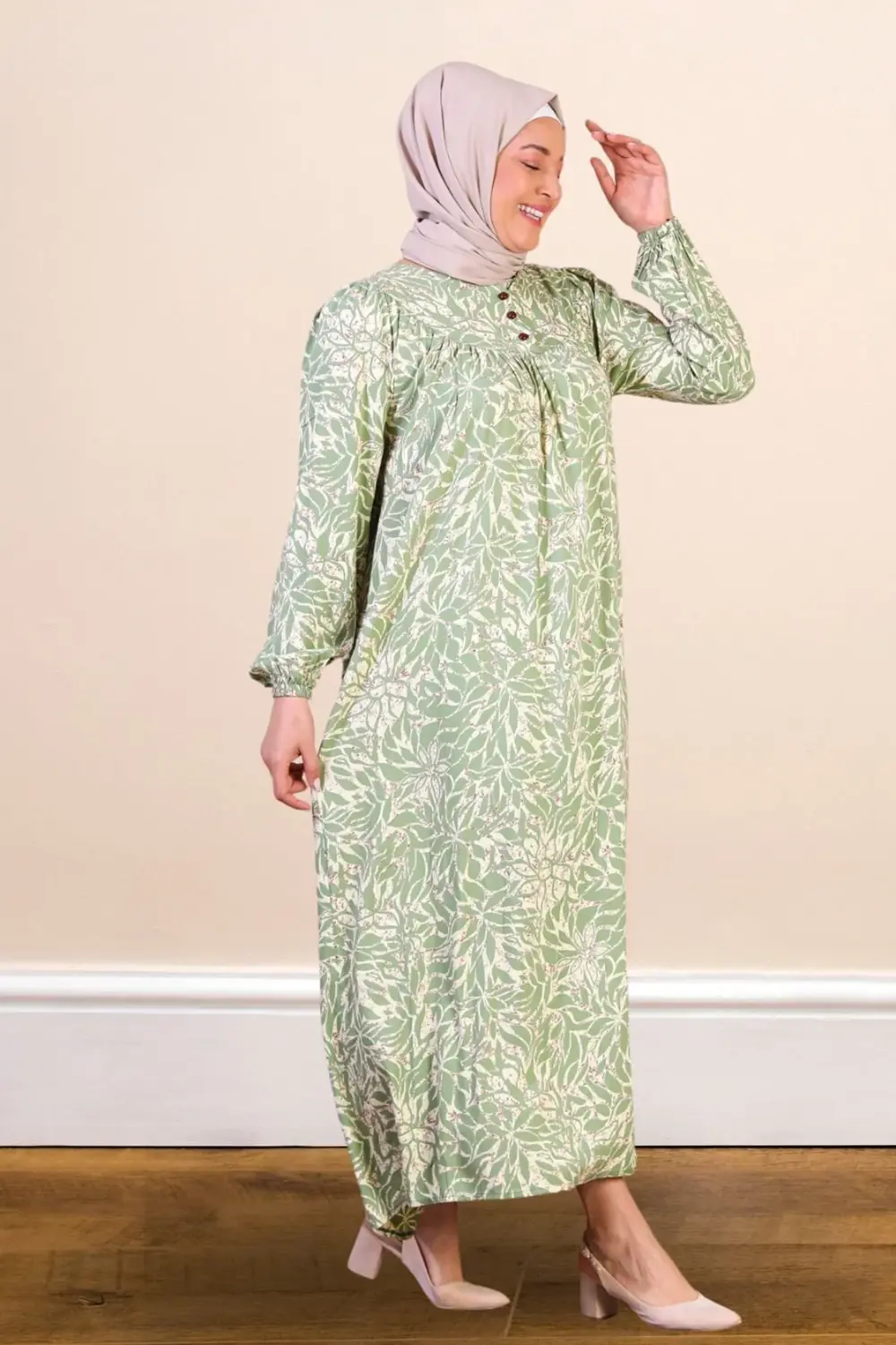 Kadın Büyük Beden Yaprak Desenli Yazlık Uzun Elbise