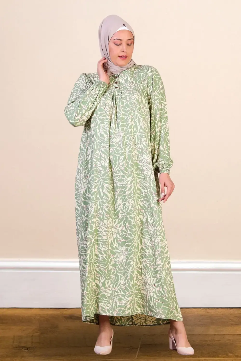 Kadın Büyük Beden Yaprak Desenli Yazlık Uzun Elbise