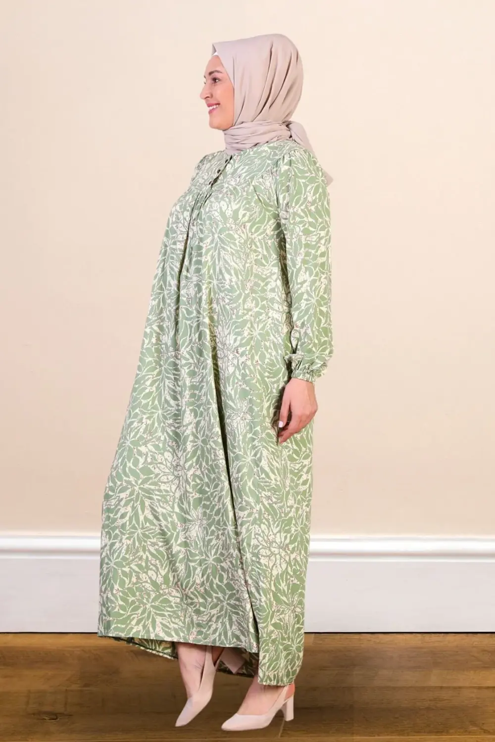 Kadın Büyük Beden Yaprak Desenli Yazlık Uzun Elbise