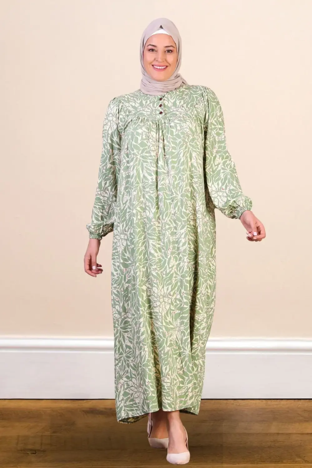 Kadın Büyük Beden Yaprak Desenli Yazlık Uzun Elbise