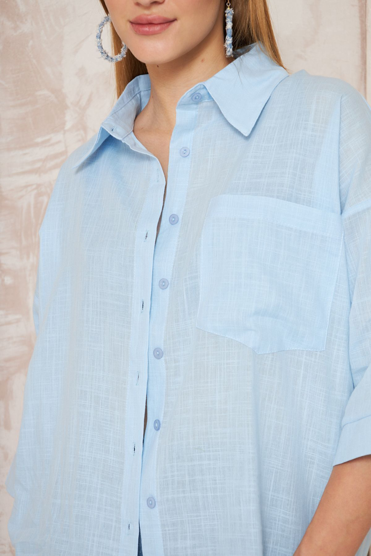 Pasaklı Giyim Kadın Buz Mavi Salaş Spor Gömlek / Truvakar Kol / Cepli /%100 Kot