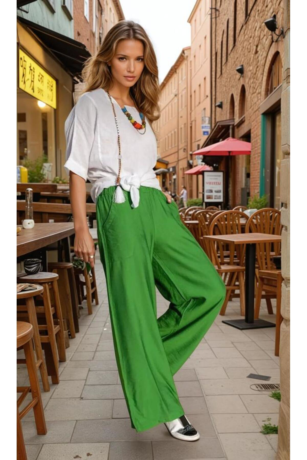 Pasaklı Giyim Kadın Çağla Yeşili Bol Paça Beli Lastikli Rahat Çift Cepli Keten