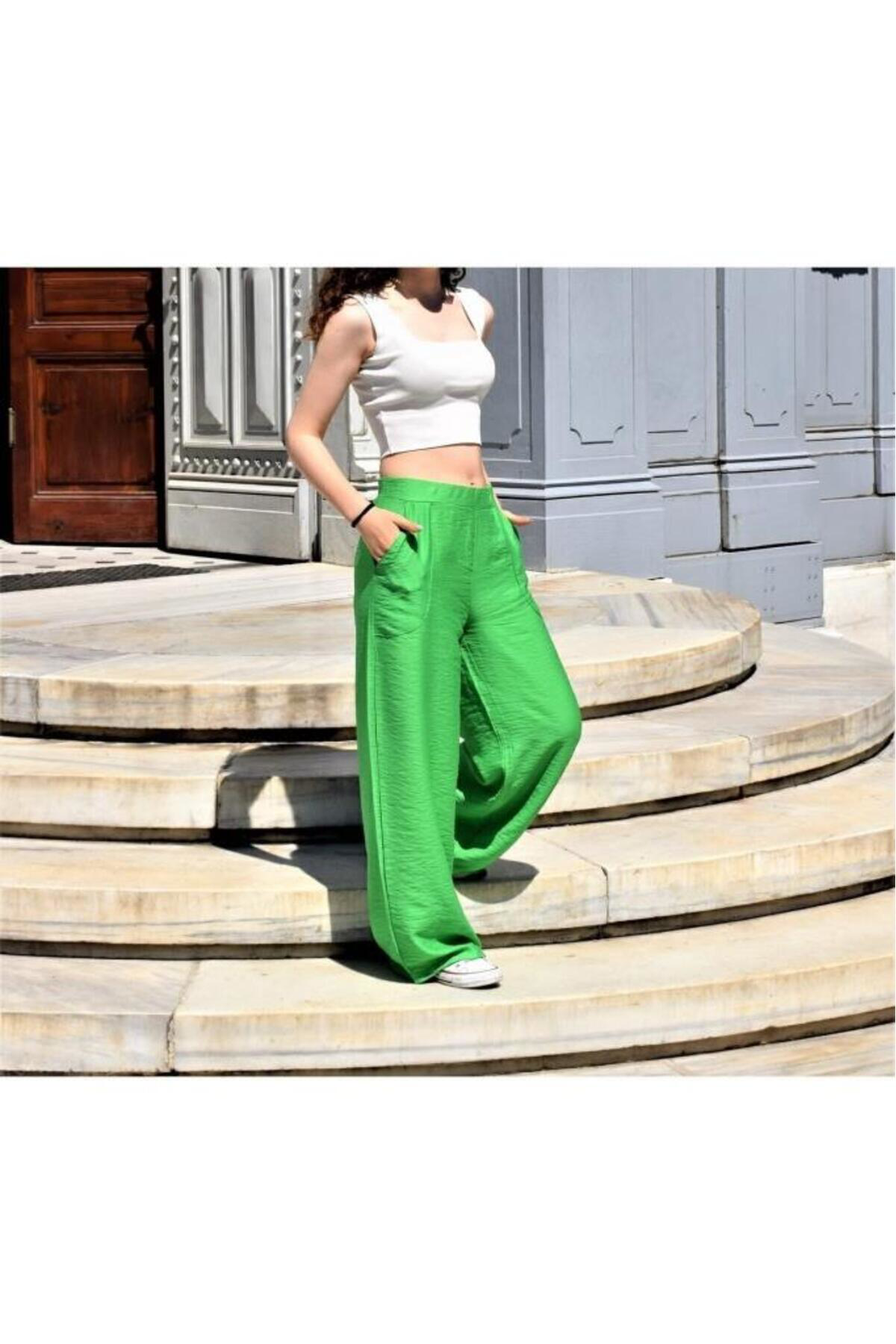 Pasaklı Giyim Kadın Çağla Yeşili Bol Paça Beli Lastikli Rahat Çift Cepli Keten