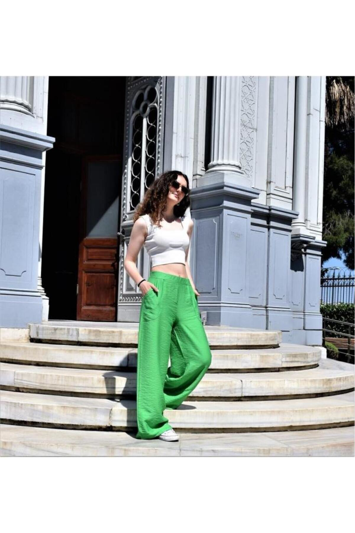 Pasaklı Giyim Kadın Çağla Yeşili Bol Paça Beli Lastikli Rahat Çift Cepli Keten