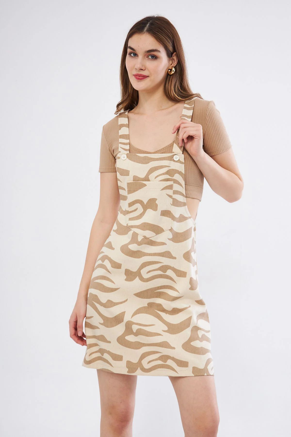 Kadın Camel Gabardin Salopet Askılı Mini Elbise Vizon 700-3568185