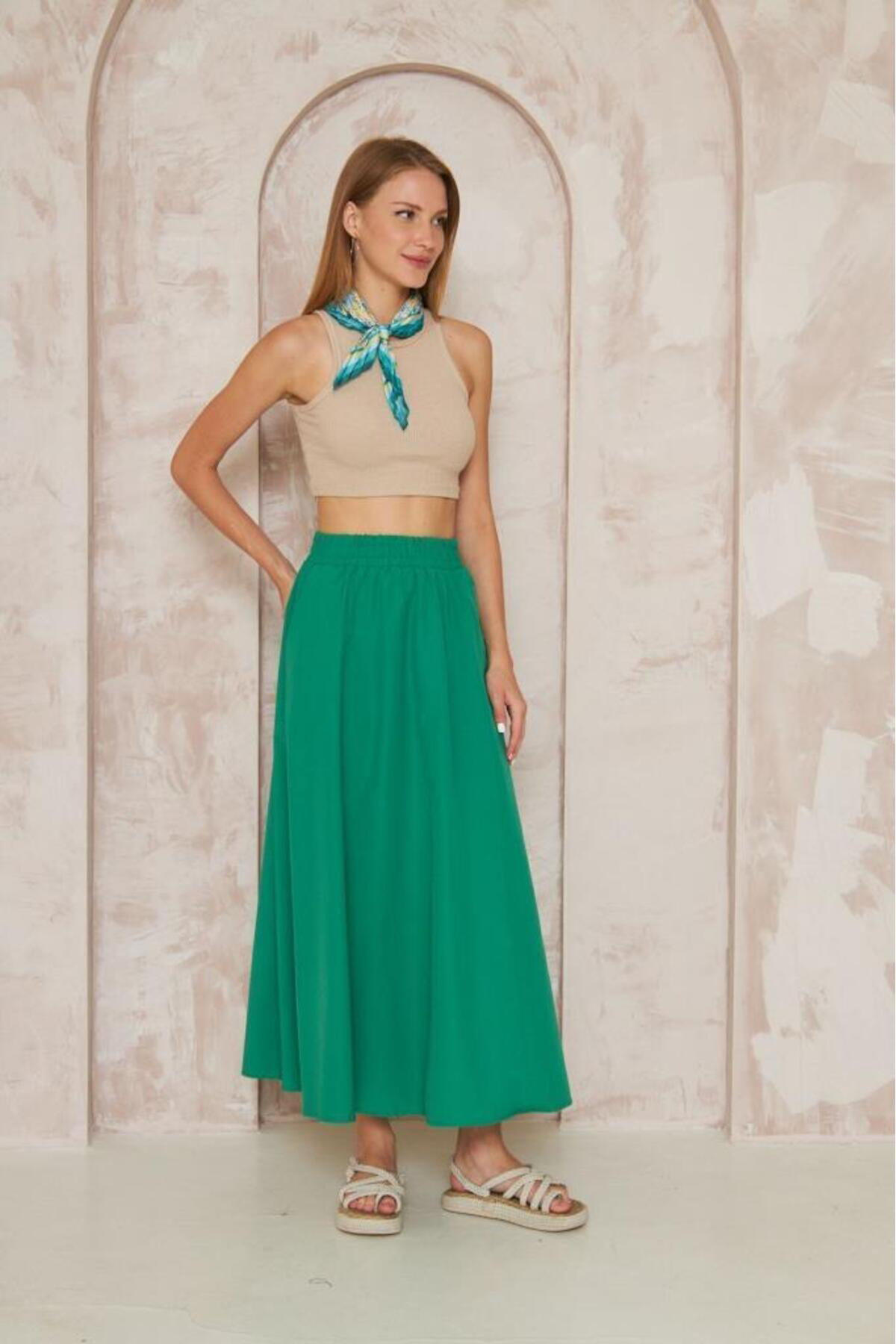 Pasaklı Giyim Kadın Cepli Beli Lastikli Kiloş Dökümlü Bohem Tarz Salaş Uzun Gün