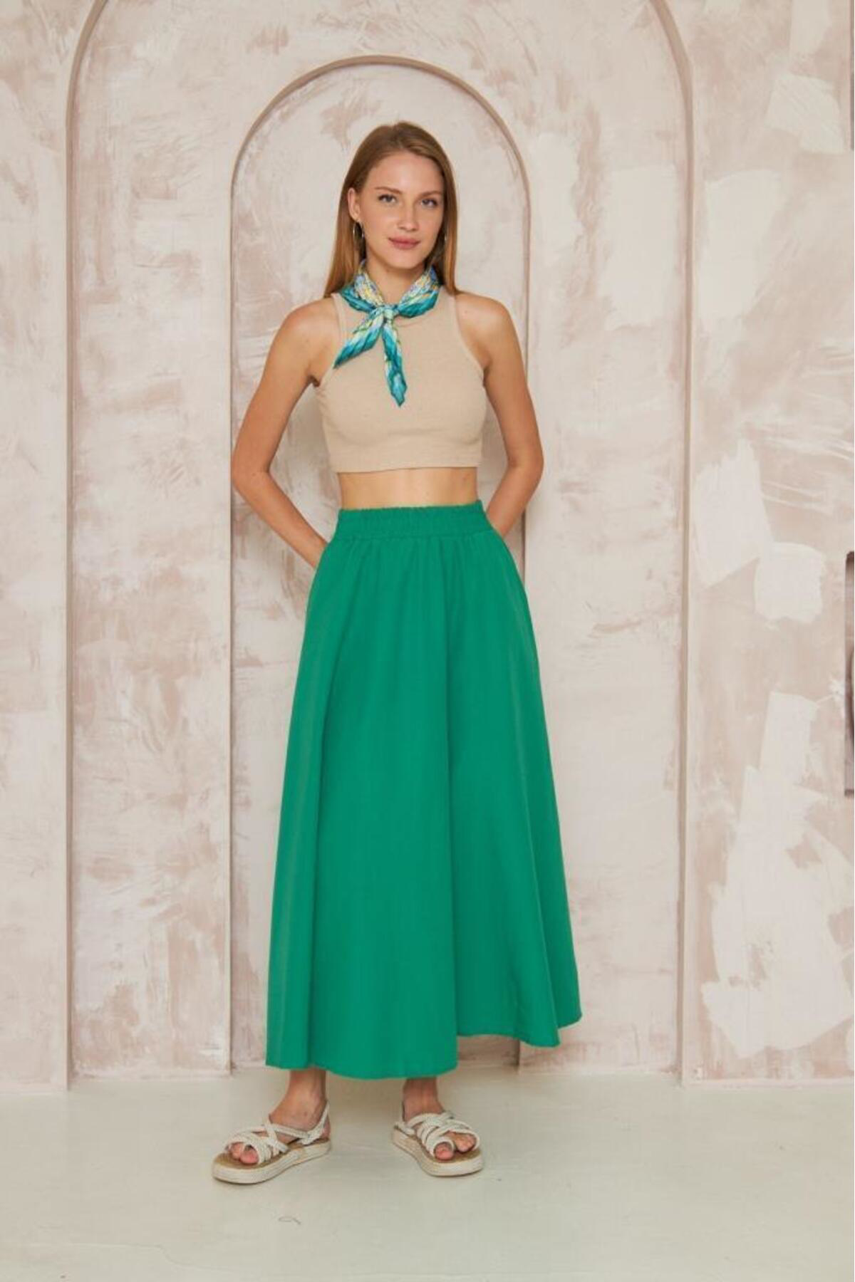 Pasaklı Giyim Kadın Cepli Beli Lastikli Kiloş Dökümlü Bohem Tarz Salaş Uzun Gün