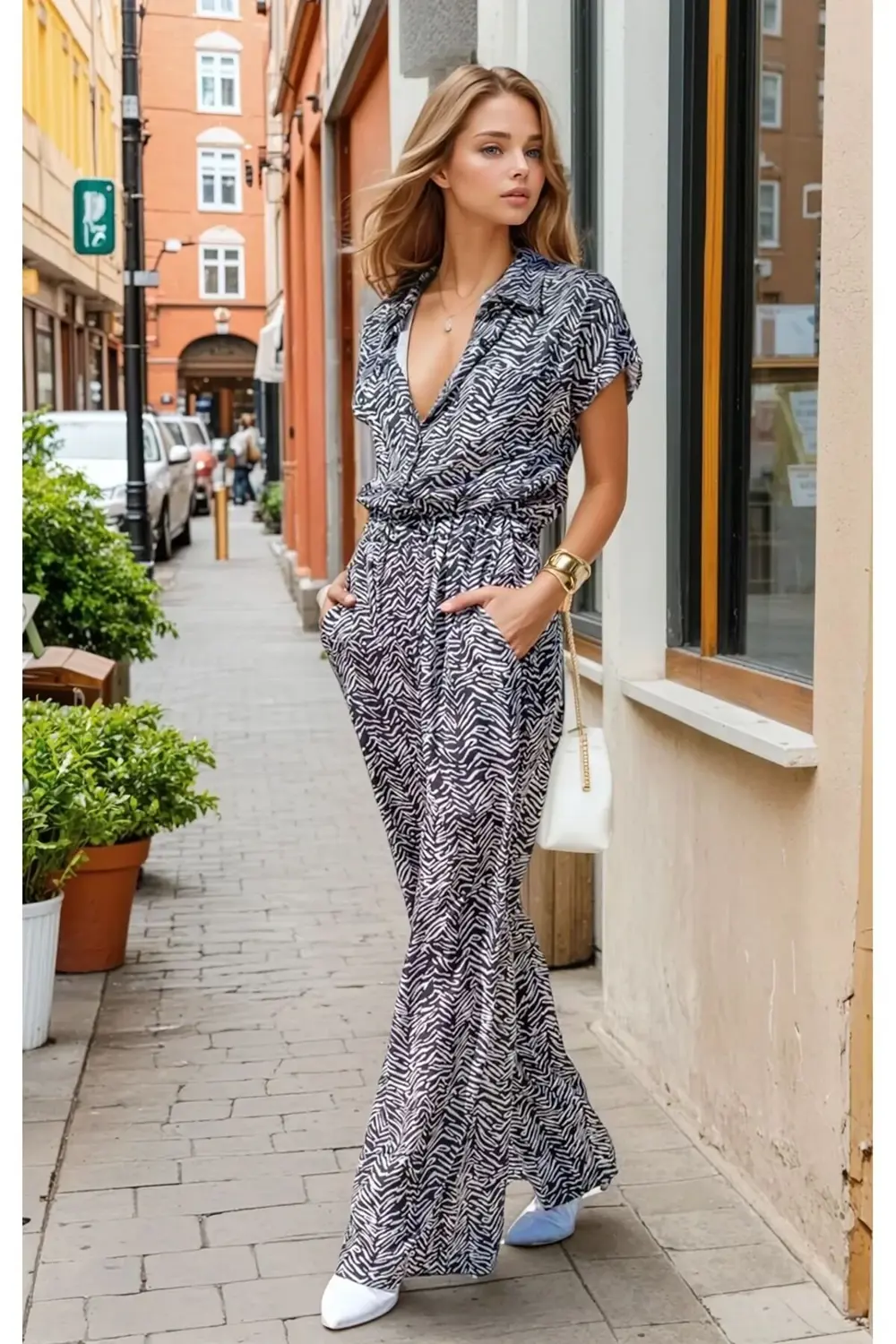 Kadın Cepli Beli Lastikli Bol Paça Gömlek Yaka Kısa Kollu Kalitel