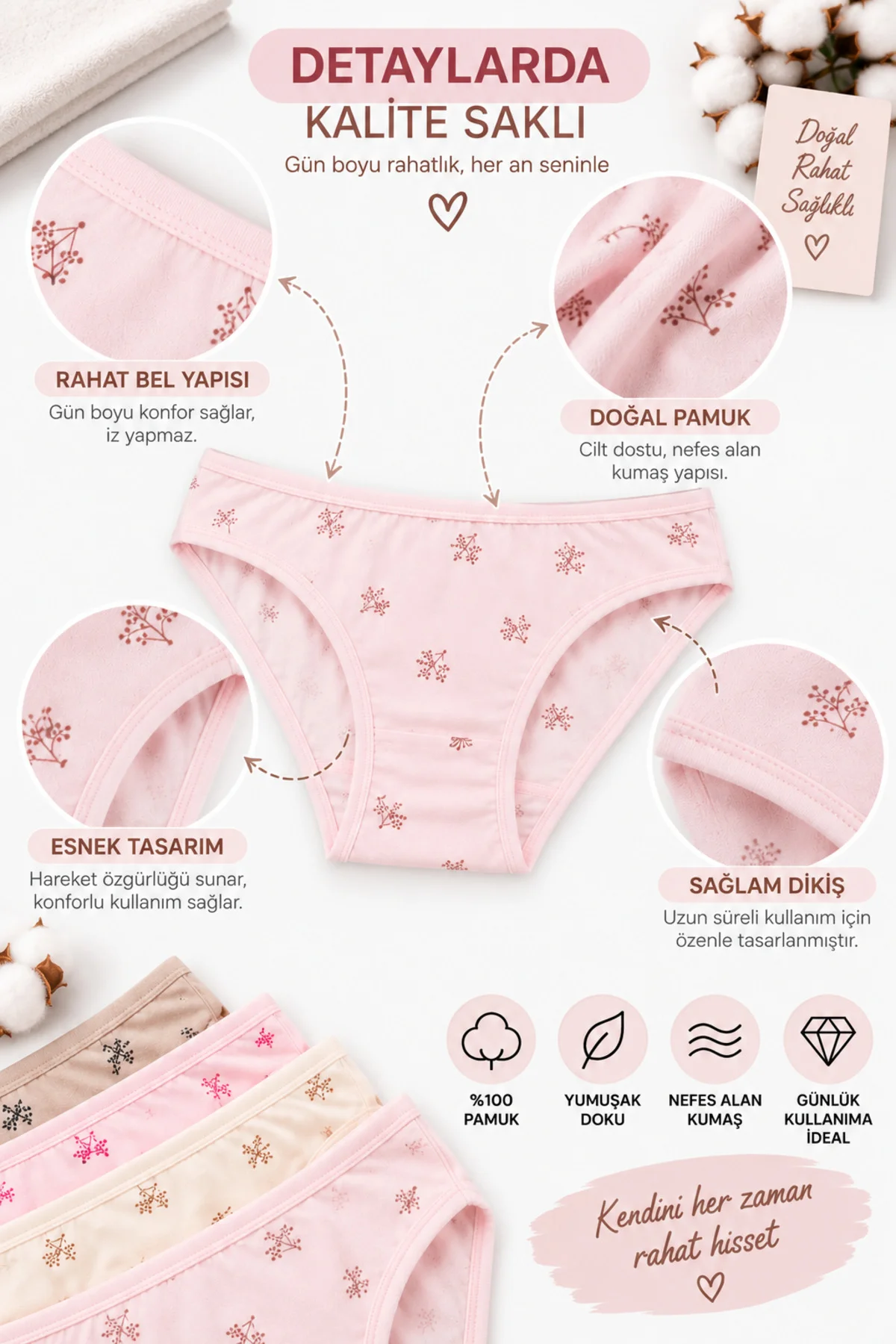 Kadın Çiçekli Likralı Bikini Külot 4'lü Paket %100 Pamuk Yumuşak Rahat Asorti Desenli M L XL
