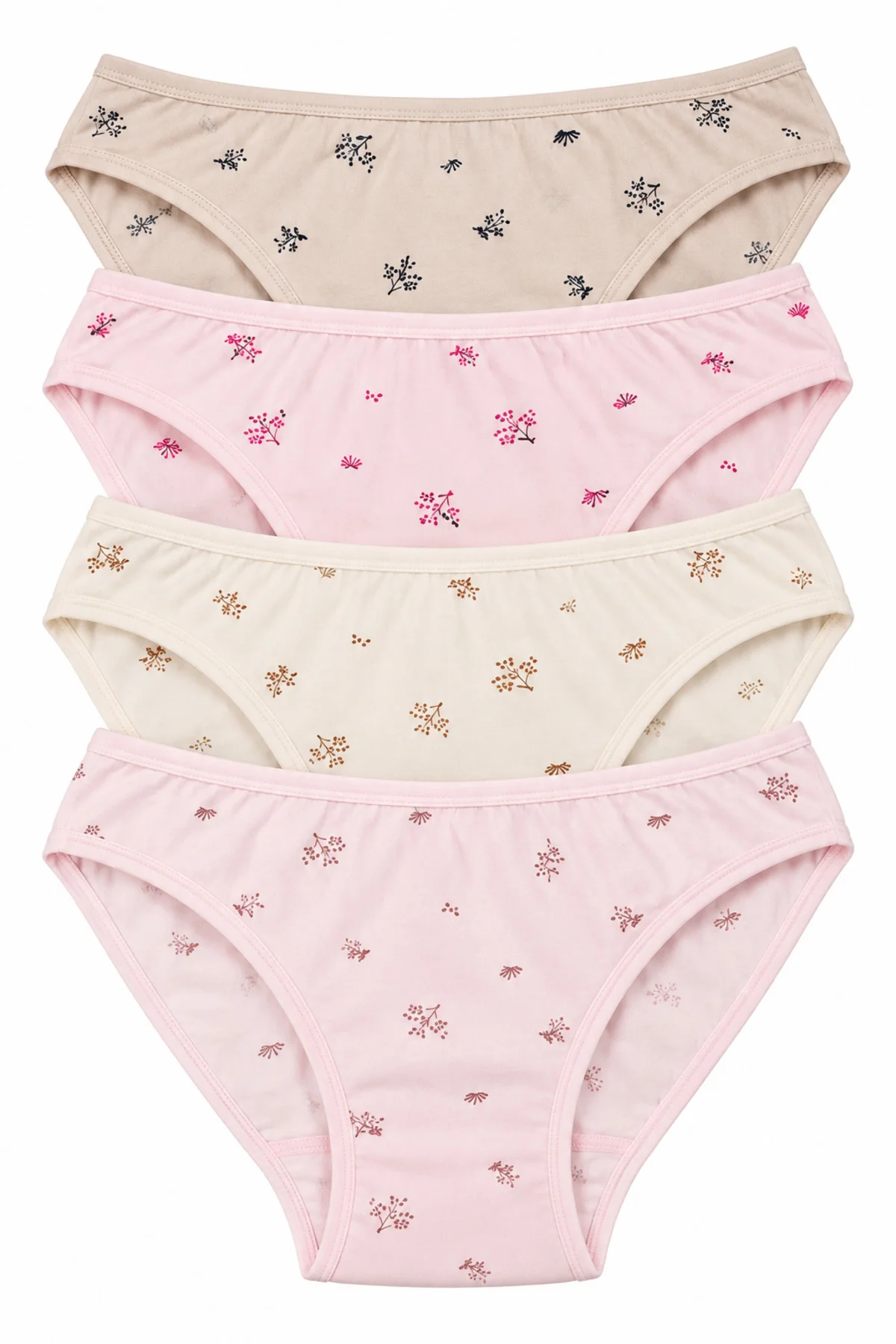Kadın Çiçekli Likralı Bikini Külot 4'lü Paket %100 Pamuk Yumuşak Rahat Asorti Desenli M L XL