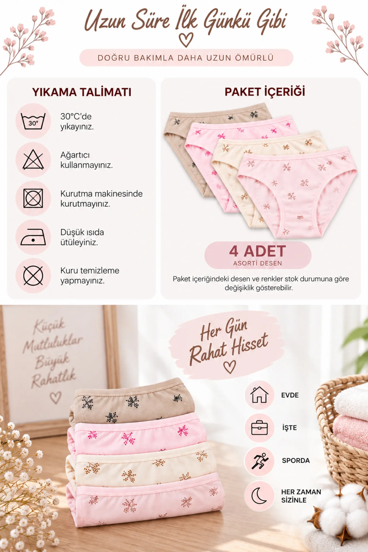 Kadın Çiçekli Likralı Bikini Külot 4'lü Paket %100 Pamuk Yumuşak Rahat Asorti Desenli M L XL