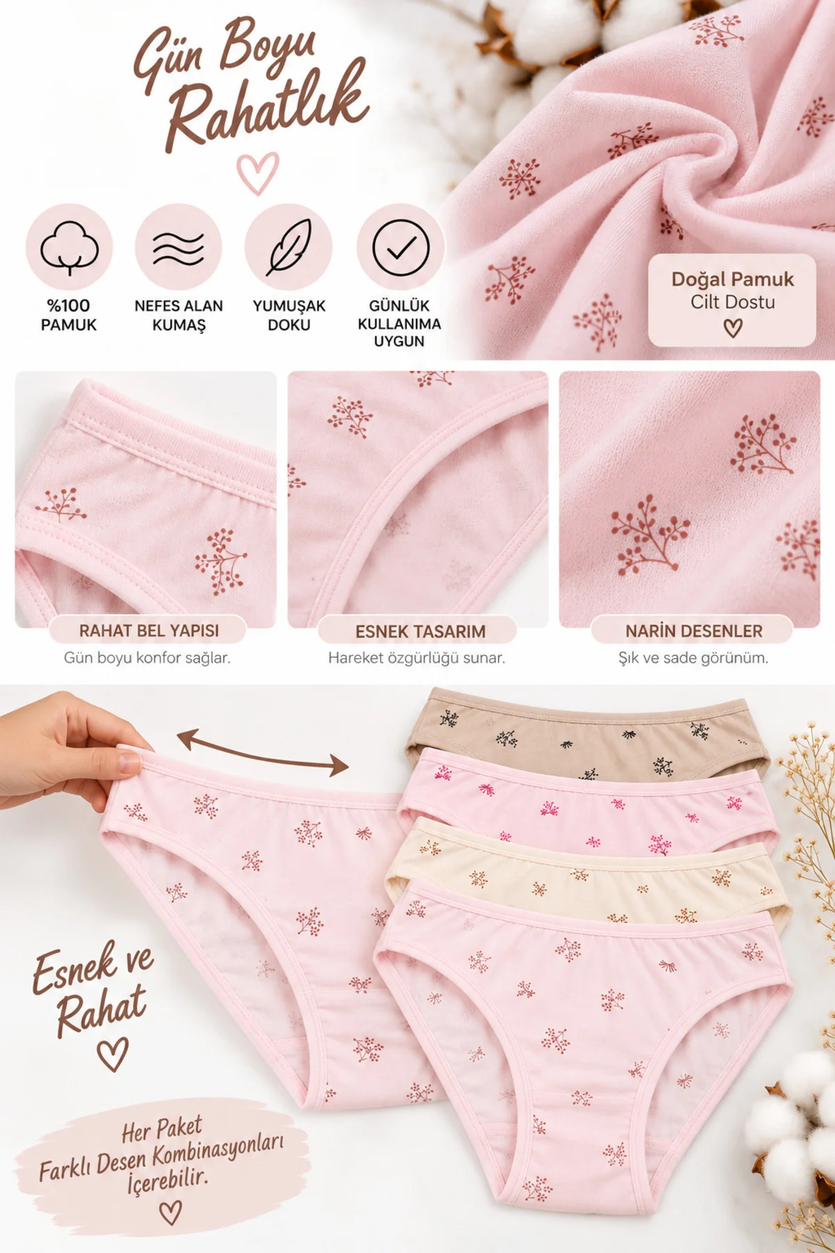 Kadın Çiçekli Likralı Bikini Külot 4'lü Paket %100 Pamuk Yumuşak Rahat Asorti Desenli M L XL