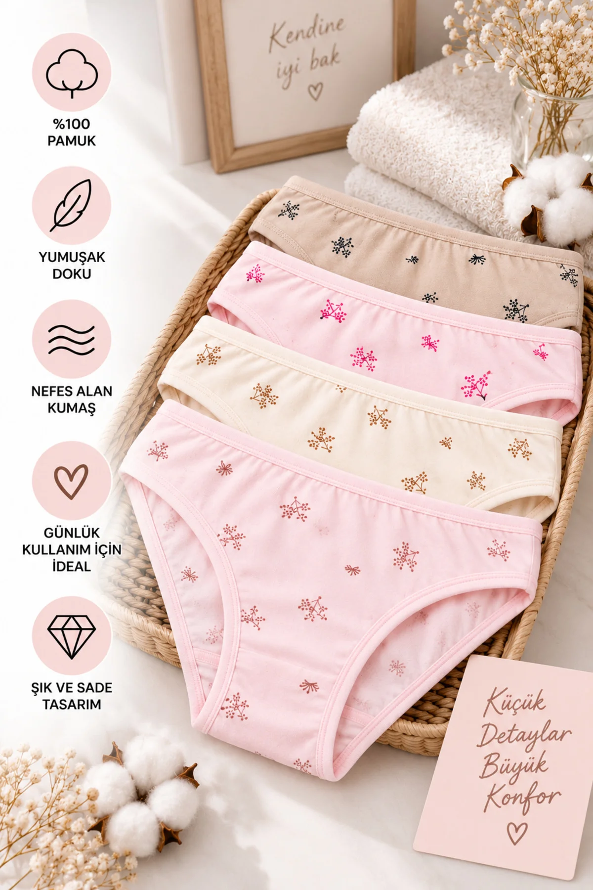 Kadın Çiçekli Likralı Bikini Külot 4'lü Paket %100 Pamuk Yumuşak Rahat Asorti Desenli M L XL
