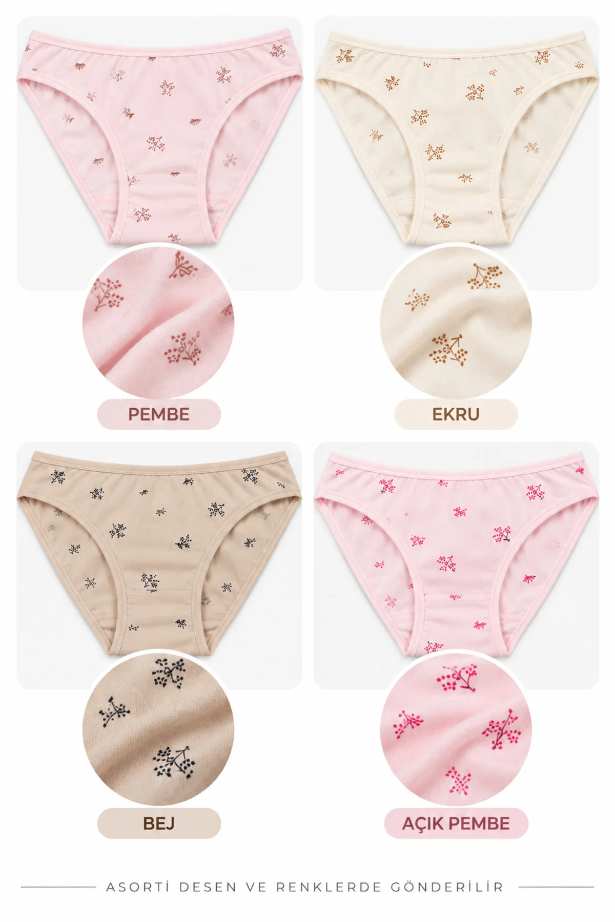 Kadın Çiçekli Likralı Bikini Külot 4'lü Paket %100 Pamuk Yumuşak Rahat Asorti Desenli M L XL