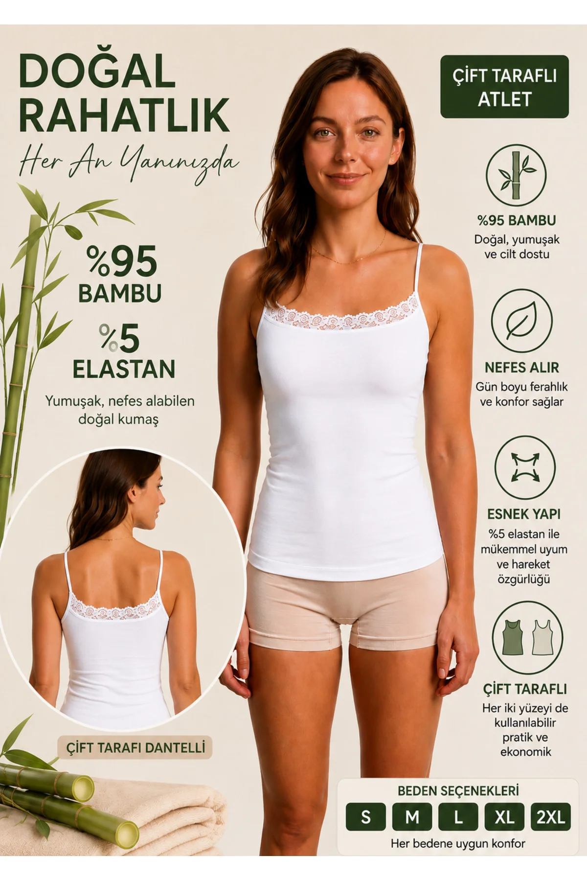 Kadın Çift Taraflı Dantelli İp Askılı Atlet %95 Bambu %5 Elastan Yumuşak Esnek İç Giyim S-2XL