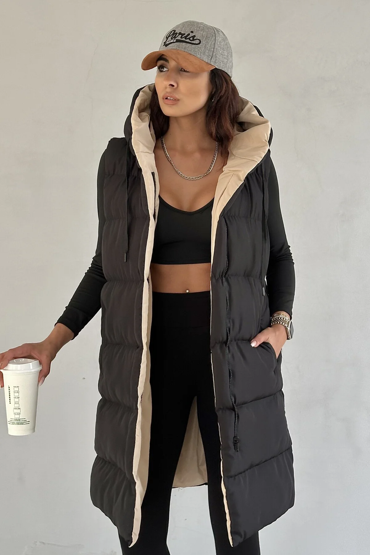 Kadın Çift Taraflı Uzun Şişme Yelek Kapüşonlu Oversize - Siyah, B