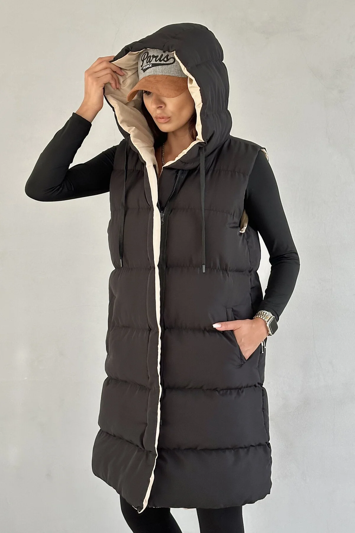 Kadın Çift Taraflı Uzun Şişme Yelek Kapüşonlu Oversize - Siyah, B