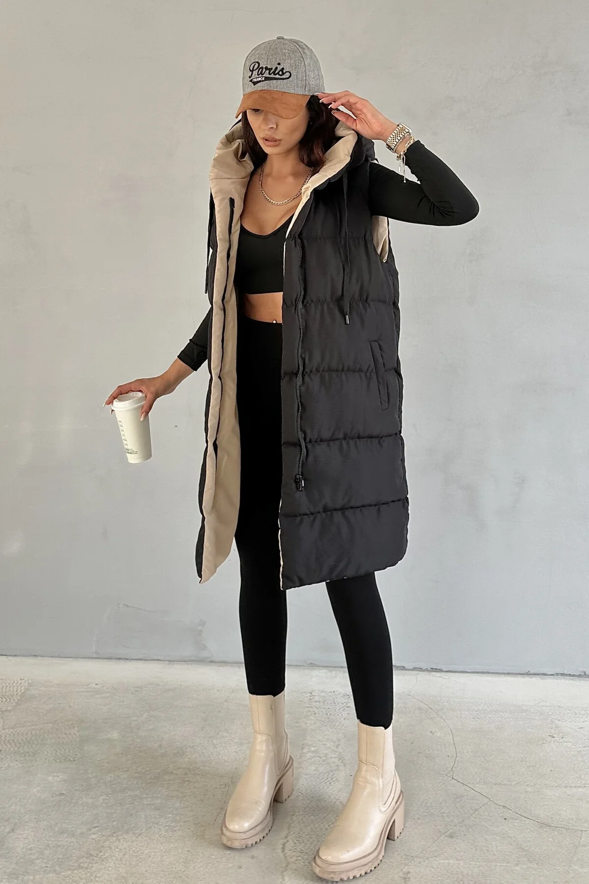 Kadın Çift Taraflı Uzun Şişme Yelek Kapüşonlu Oversize - Siyah, B