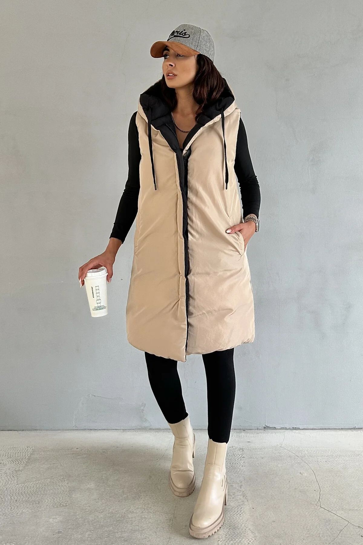 Kadın Çift Taraflı Uzun Şişme Yelek Kapüşonlu Oversize - Siyah, B