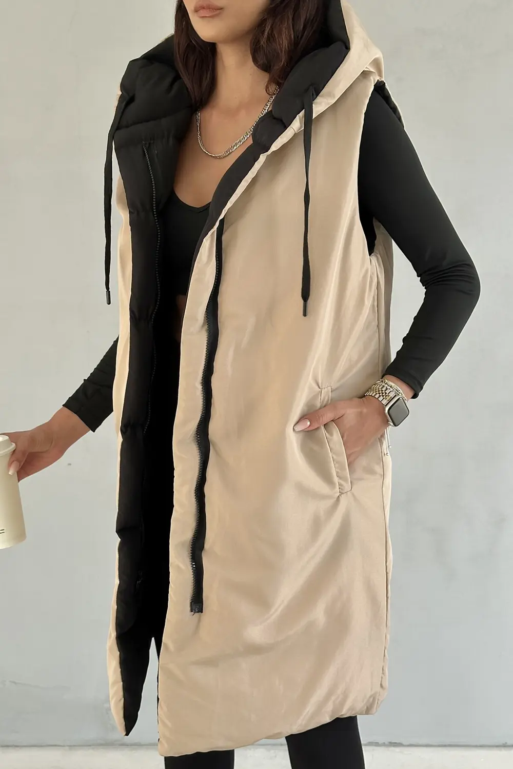 Moda Armanc Kadın Çift Taraflı Uzun Şişme Yelek Kapüşonlu Oversize - Siyah, B