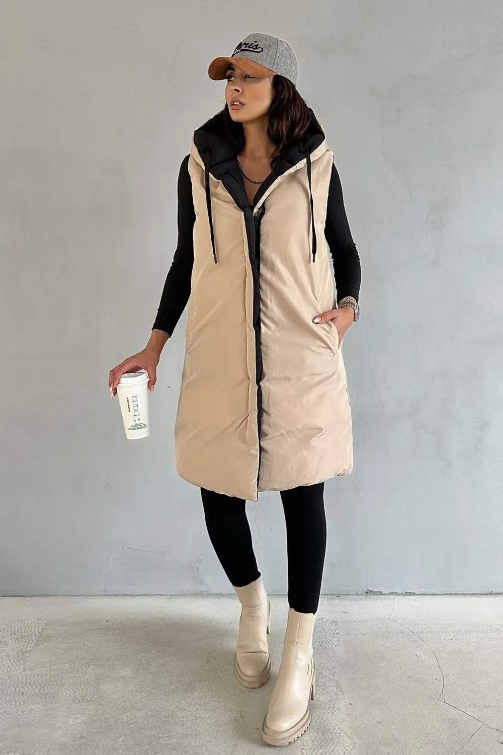 Moda Armanc Kadın Çift Taraflı Uzun Şişme Yelek Kapüşonlu Oversize - Siyah, B