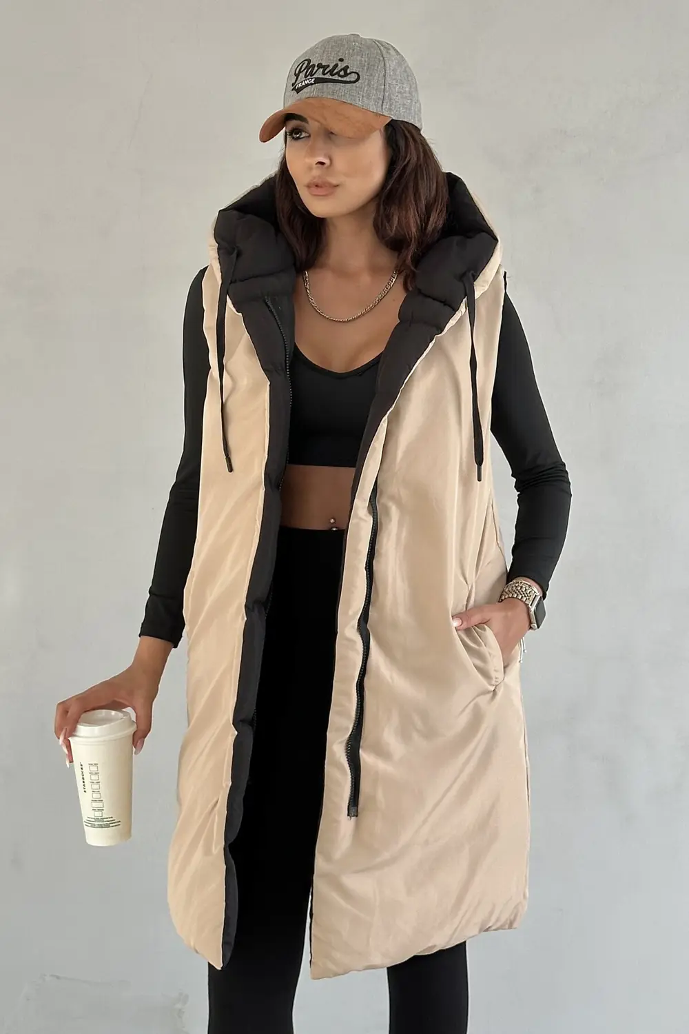 Moda Armanc Kadın Çift Taraflı Uzun Şişme Yelek Kapüşonlu Oversize - Siyah, B