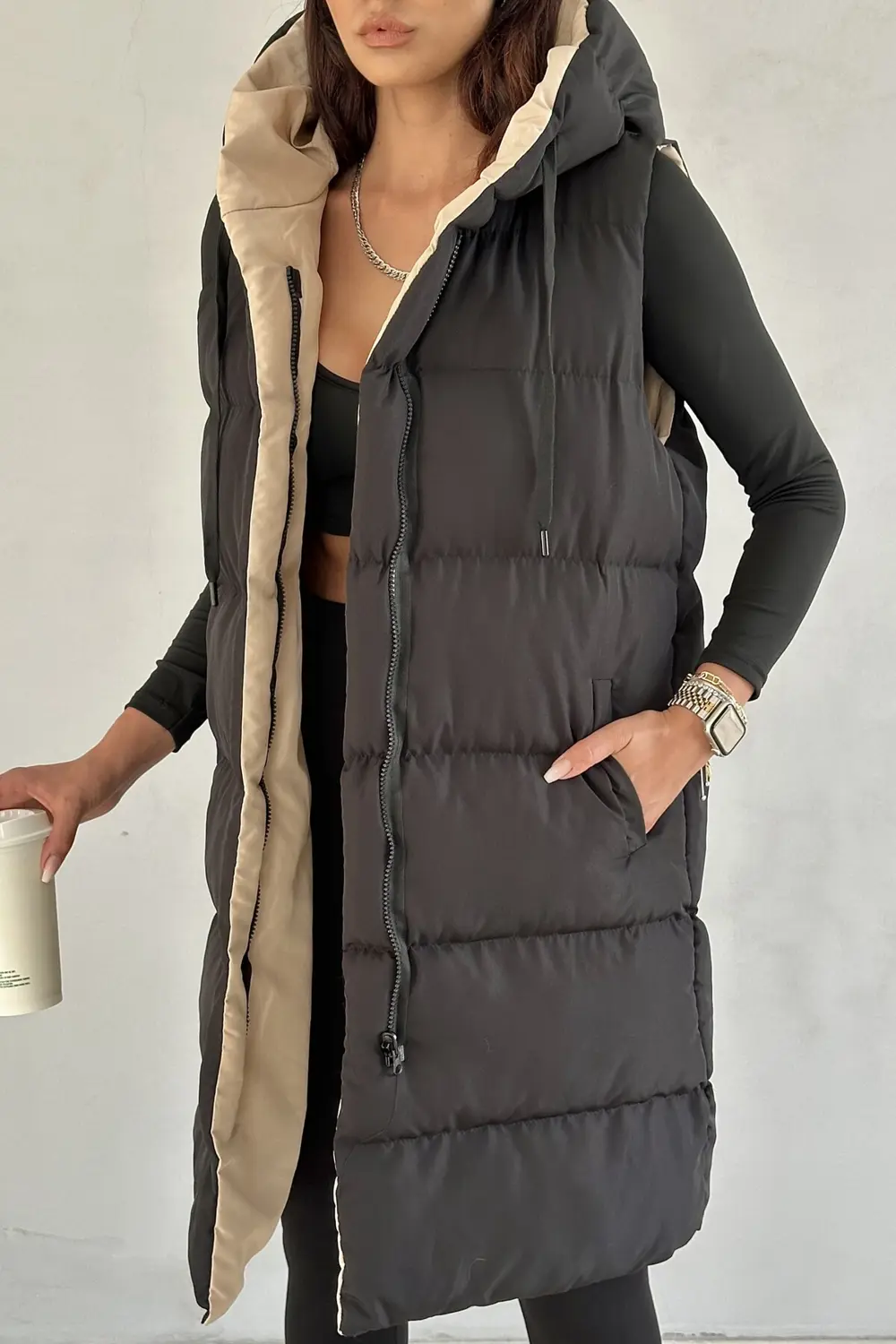 Moda Armanc Kadın Çift Taraflı Uzun Şişme Yelek Kapüşonlu Oversize - Siyah, B