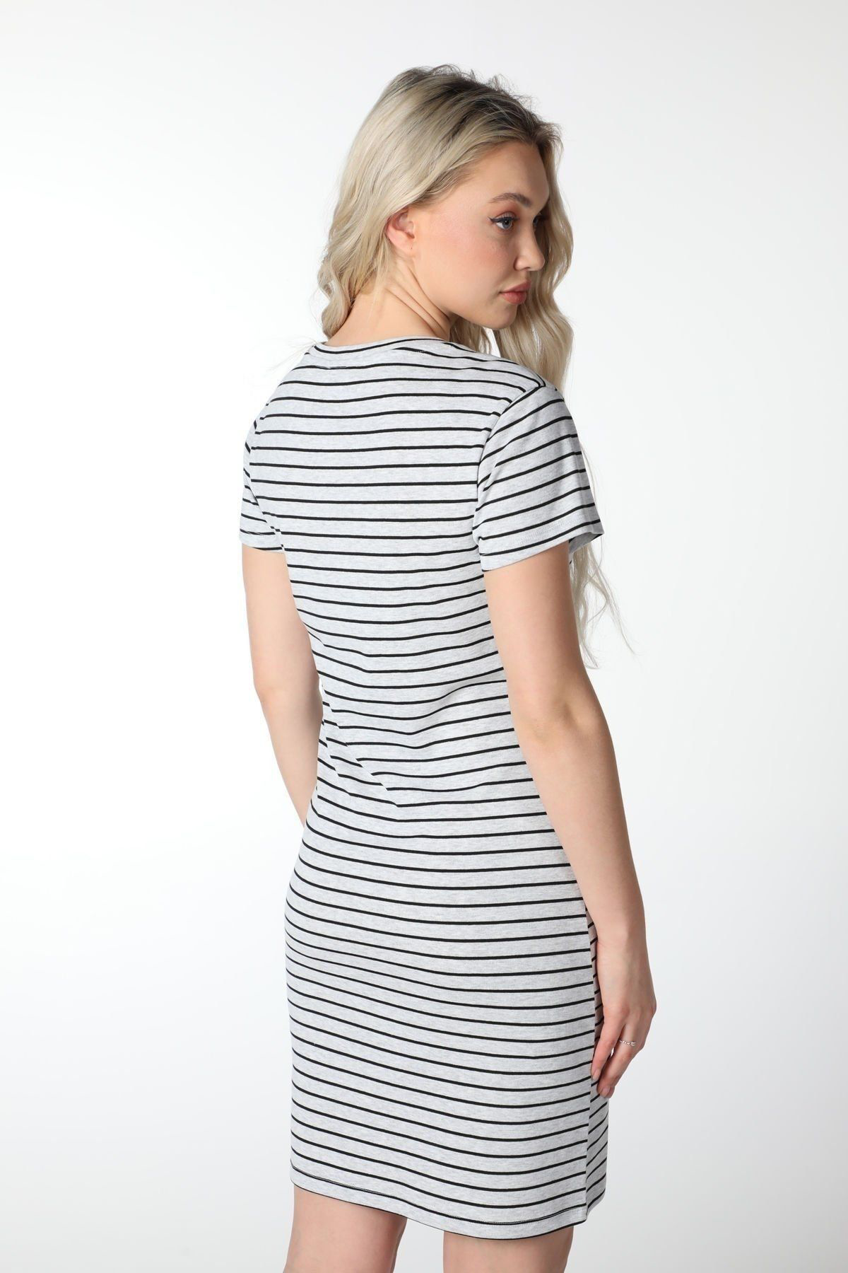 Kadın Regular Fit Çizgili Kısa Kollu Elbise Koyu Gri-Beyaz